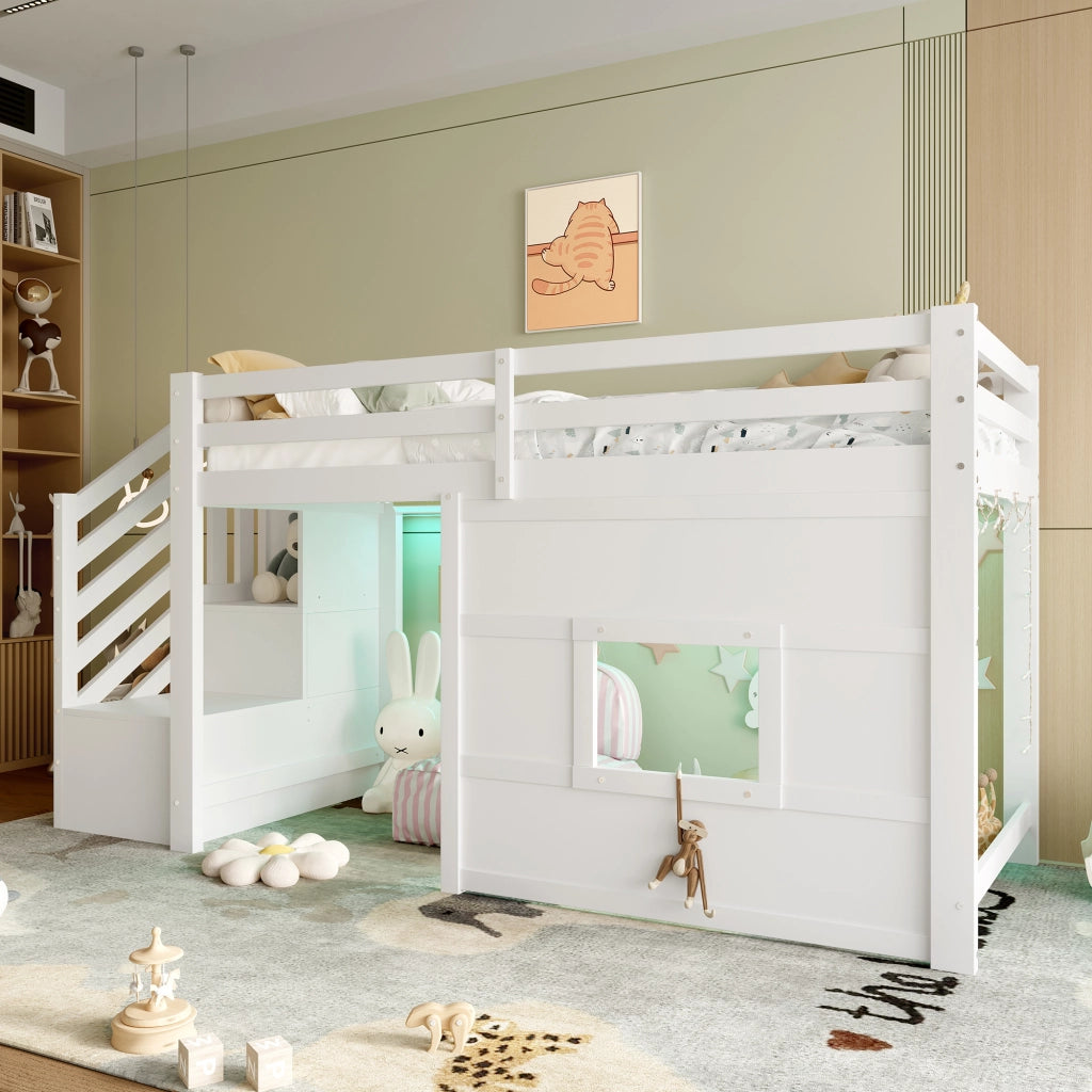 Letto a castello bianco con funzione contenitore scala e finestra in mdf pino compensato 90x200 cm
