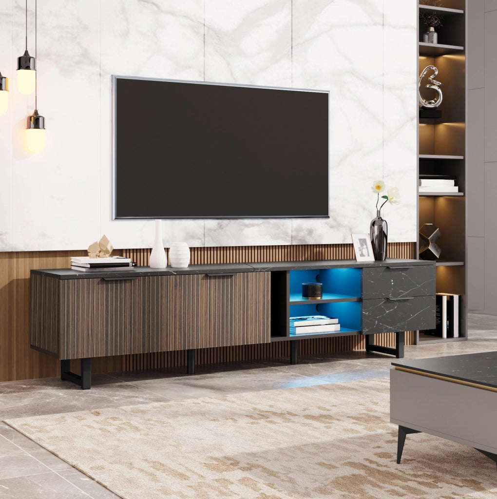 Mobile TV 200 cm in MDF nero effetto marmo; LED multicolore tramite app; 2 ante e 2 cassetti