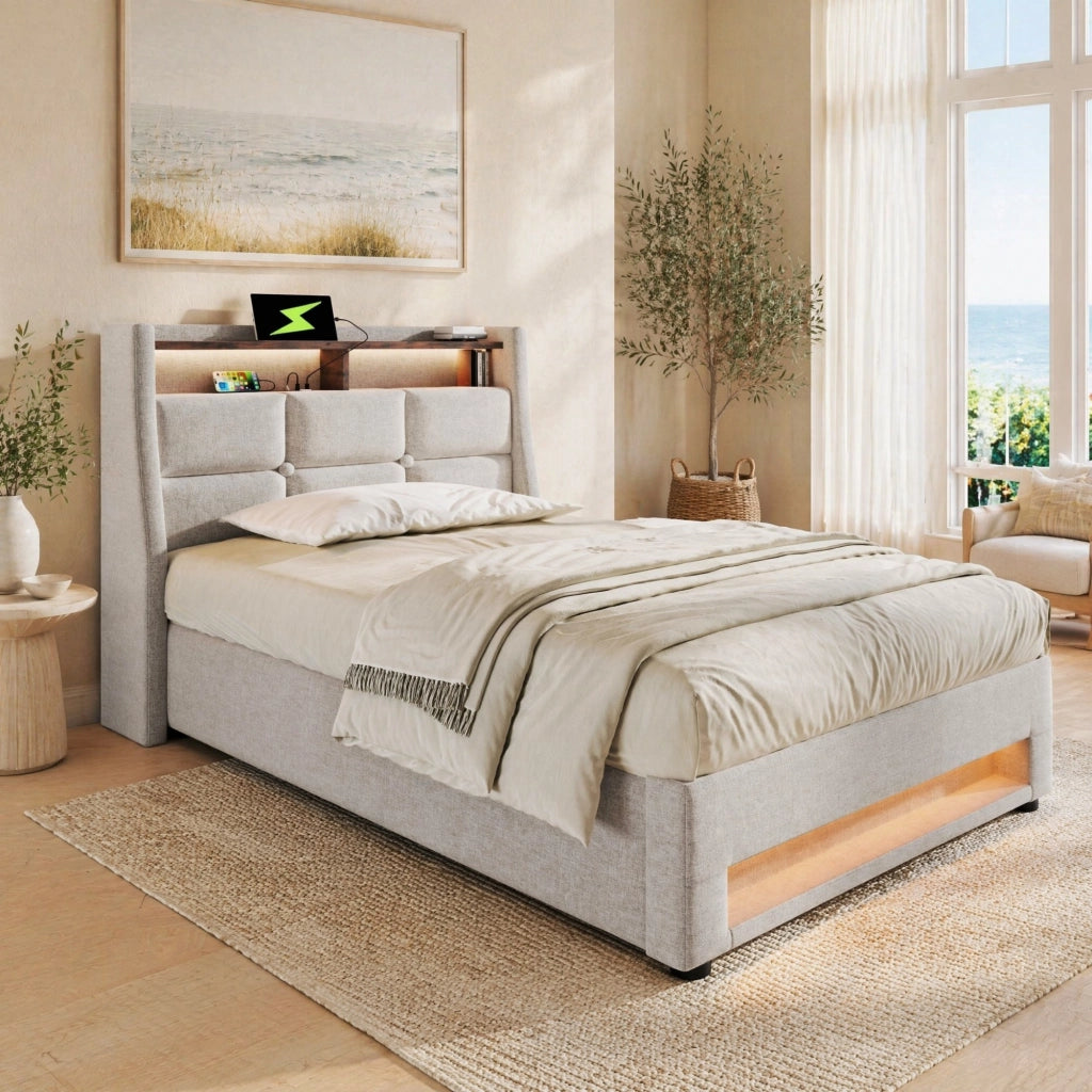 Letto imbottito 90x200 cm con LED e porta USB, struttura contenitore in lino, effetto vintage, senza materasso