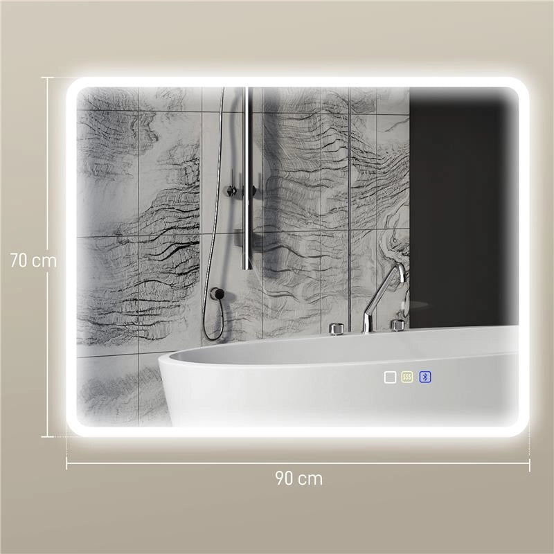 SPECCHIO DA BAGNO LED BLUETOOTH, CON INTERRUTTORE TOUCH, LUCE REGOLABILE, 3 COLORI, ANTI-APPANNAMENTO, 70 X 90 CM, ARGENTO