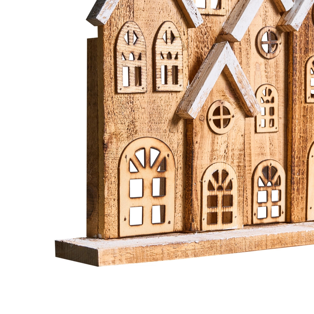 Decorazione natalizia in legno di abete marrone con luci LED, figurina artigianale tradizionale