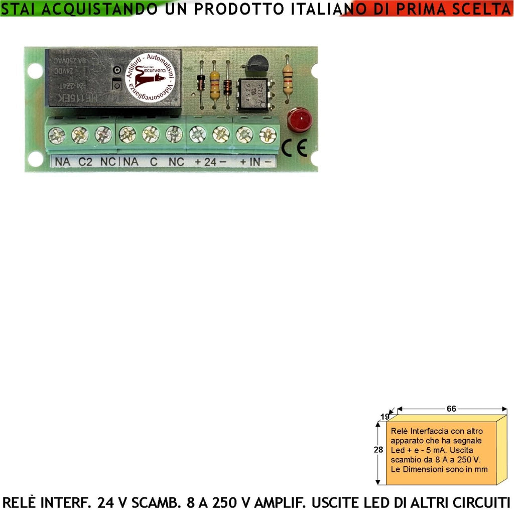 Relè 24 V Optoisolato Interfaccia Tra Circuiti Separati Con Uscita Led 5 mA Contiene 2 Scambi 8 A a 250 V Carico Resistivo Led Segnala Attività Evita Effetto Ratio e Fornisce Uscite Contatti Libero