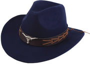 Cappello cowboy in blu marino, velluto, bordo ampio, stile fedora