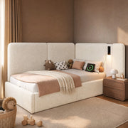 Letto contenitore 90x200 cm con lampada da lettura; USB e Type-C; bouclé beige