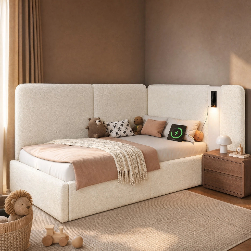 Letto contenitore 90x200 cm con lampada da lettura; USB e Type-C; bouclé beige