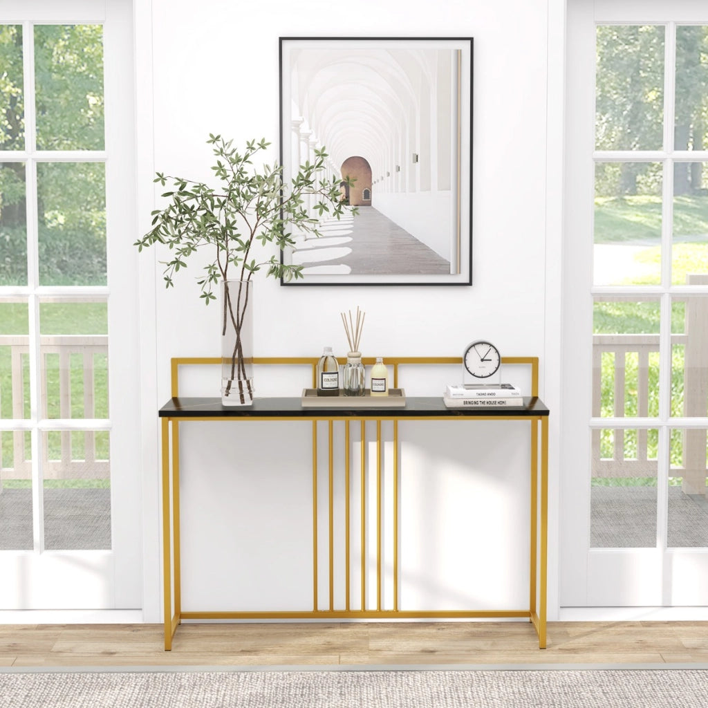 Tavolo da ingresso lungo 120cm, Consolle con piano effetto marmorino sponda struttura in metallo dorato Nero-Consolle