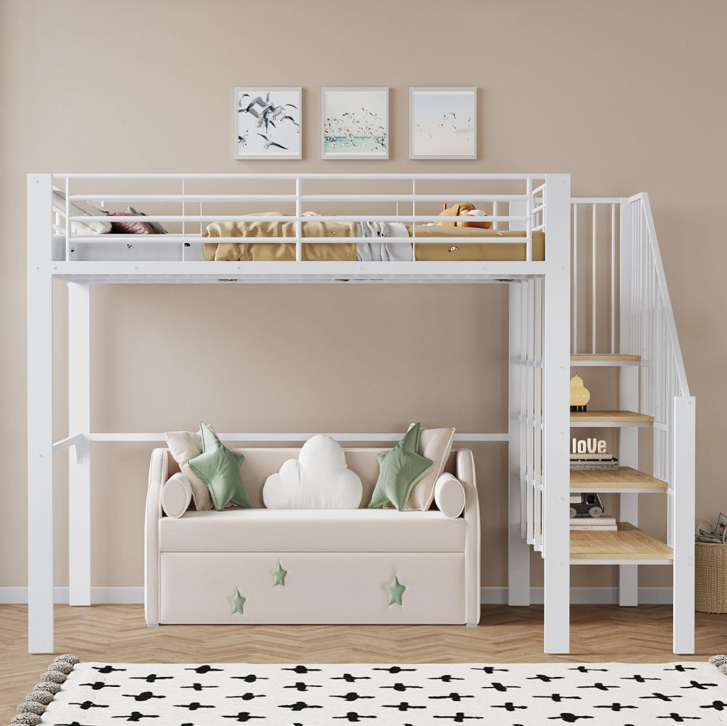 Letto a soppalco 140x200 cm con contenitore e scala in metallo e legno bianco