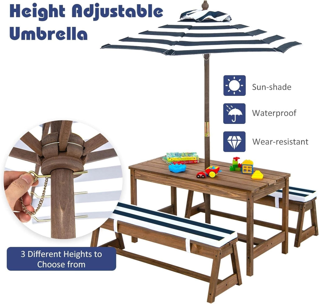 Set di mobili da giardino per bambini con 2 panche e ombrello regolabile, in legno di abete, per bambini con cuscino, set di mobili per giardino, terrazza, balcone (blu)