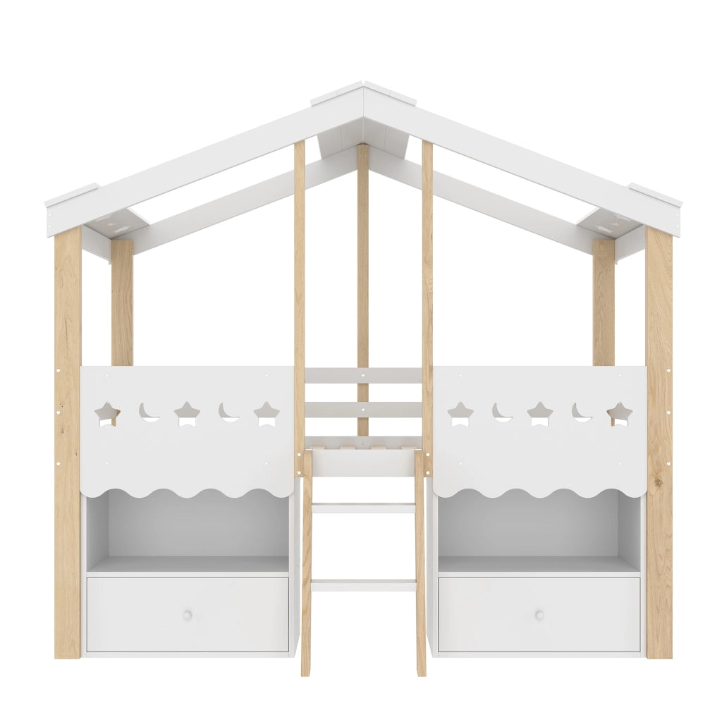 Letto a soppalco singolo 90×200 cm in casa con 2 cassetti; ripiani; LED; sponda; senza materasso