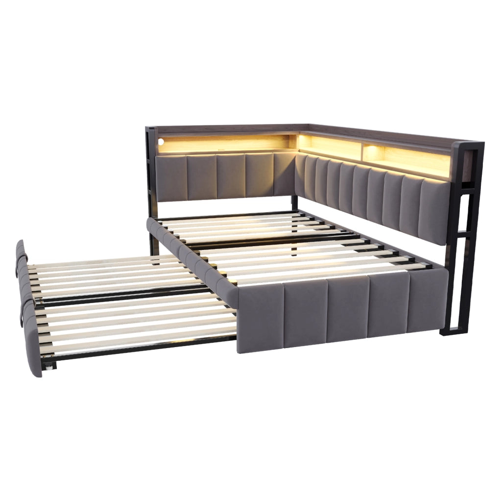 Divano letto estraibile 90x200 cm con LED, USB e USB-C in velluto grigio