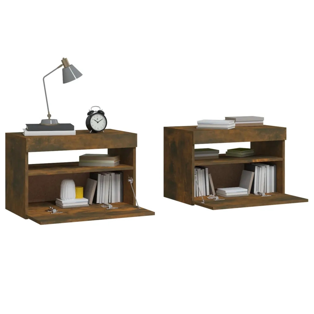Comodini 2 pz con Luci LED-Set di 2 Tavolino da notte Rovere Fumo 60x35x40 cm