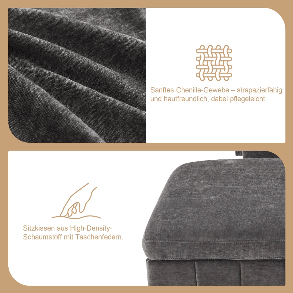 Divano angolare convertibile con funzione letto, usb e type-c, pouf contenitore in chenille grigio 205 × 205 × 85 cm