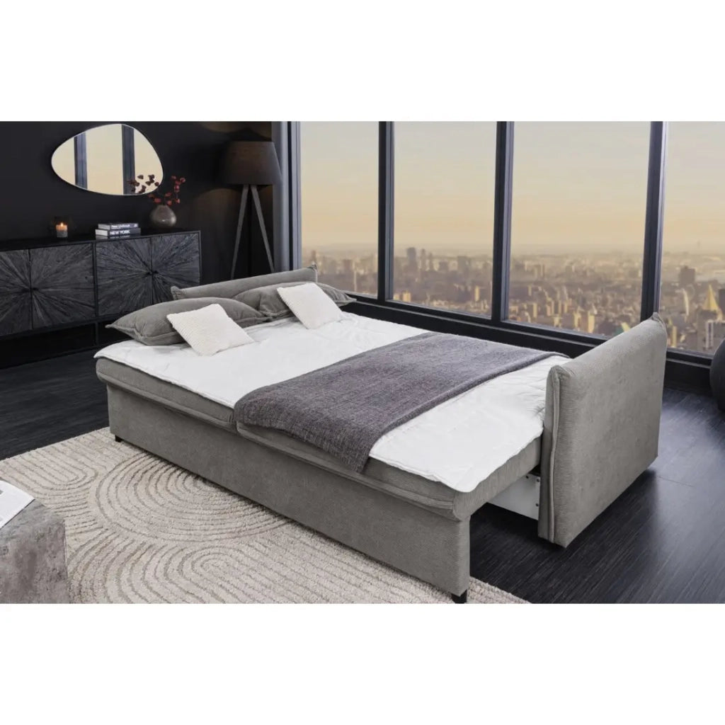Divano dritto CALDERO grigio scuro convertibile con contenitore – Divano letto in velluto a coste con storage integrato