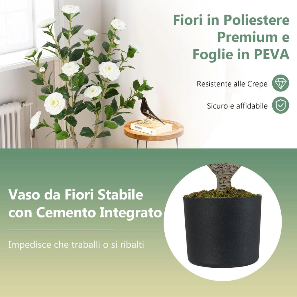 Albero di Camelia Artificiale 90 cm, Pianta Finta in Vaso con 16 Fiori Vivaci e 116 Foglie Vibranti, Pianta Decorativa per Soggiorno, Camera da Letto, Ufficio e Veranda (Bianco)