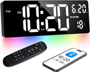 Cronometro digitale 16,5" con sincronizzazione oraria Bluetooth, display bianco e illuminazione di ambiente colorata. Mostra l'ora, la temperatura, la calendario, il timer e l'allarme, ideale per la sala da pranzo, la cucina e l'ufficio.
