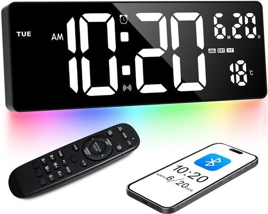 Cronometro digitale 16,5" con sincronizzazione oraria Bluetooth, display bianco e illuminazione di ambiente colorata. Mostra l'ora, la temperatura, la calendario, il timer e l'allarme, ideale per la sala da pranzo, la cucina e l'ufficio.