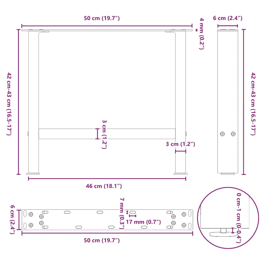 Set di 2 gambe quadrate per tavolino da caffè 50 x 43 cm design moderno pratiche con piedini livellatori acciaio nero 02_0057520