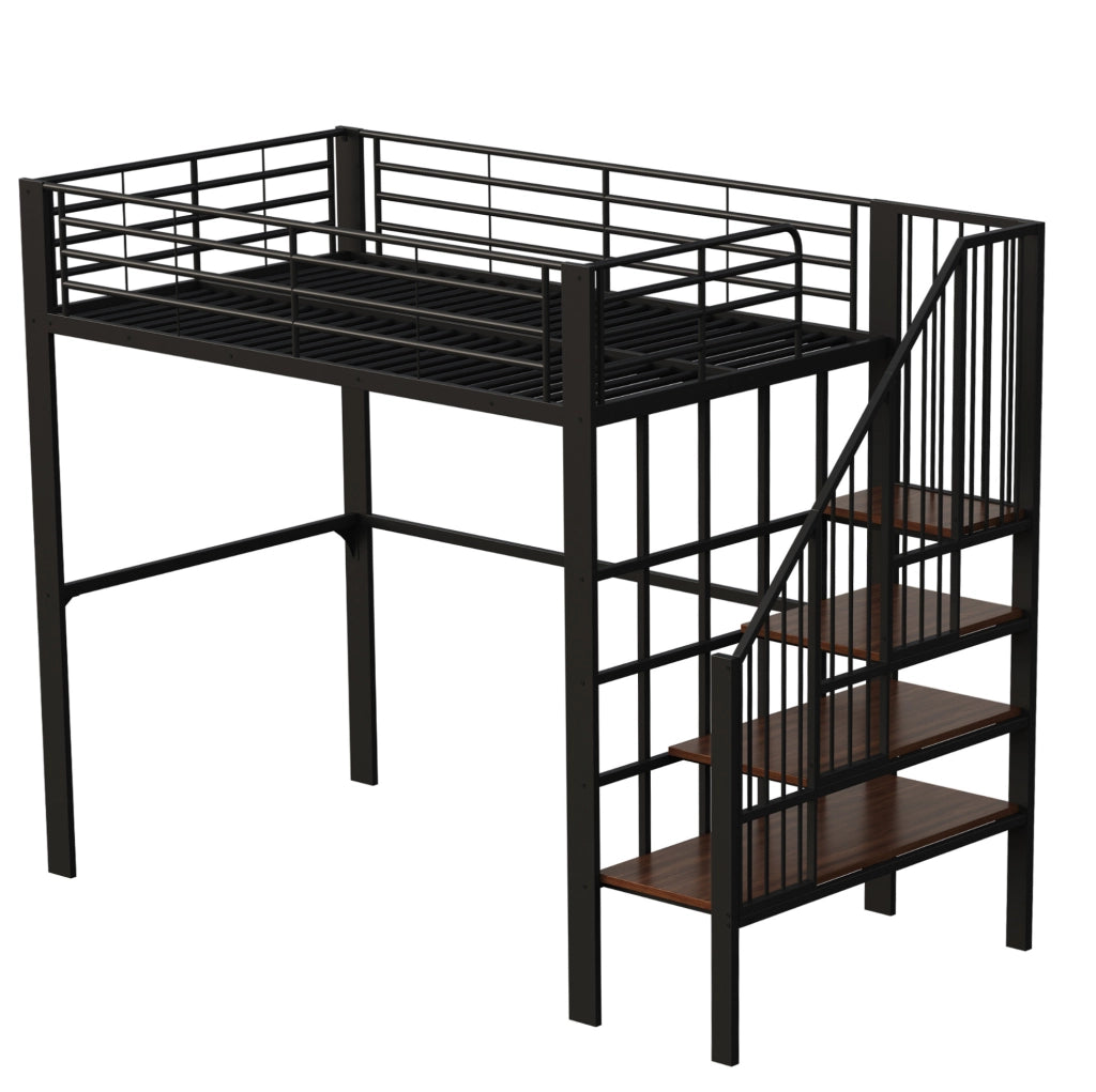 Letto a soppalco 140x200 cm con scala e spazio contenitore; metallo e legno; nero