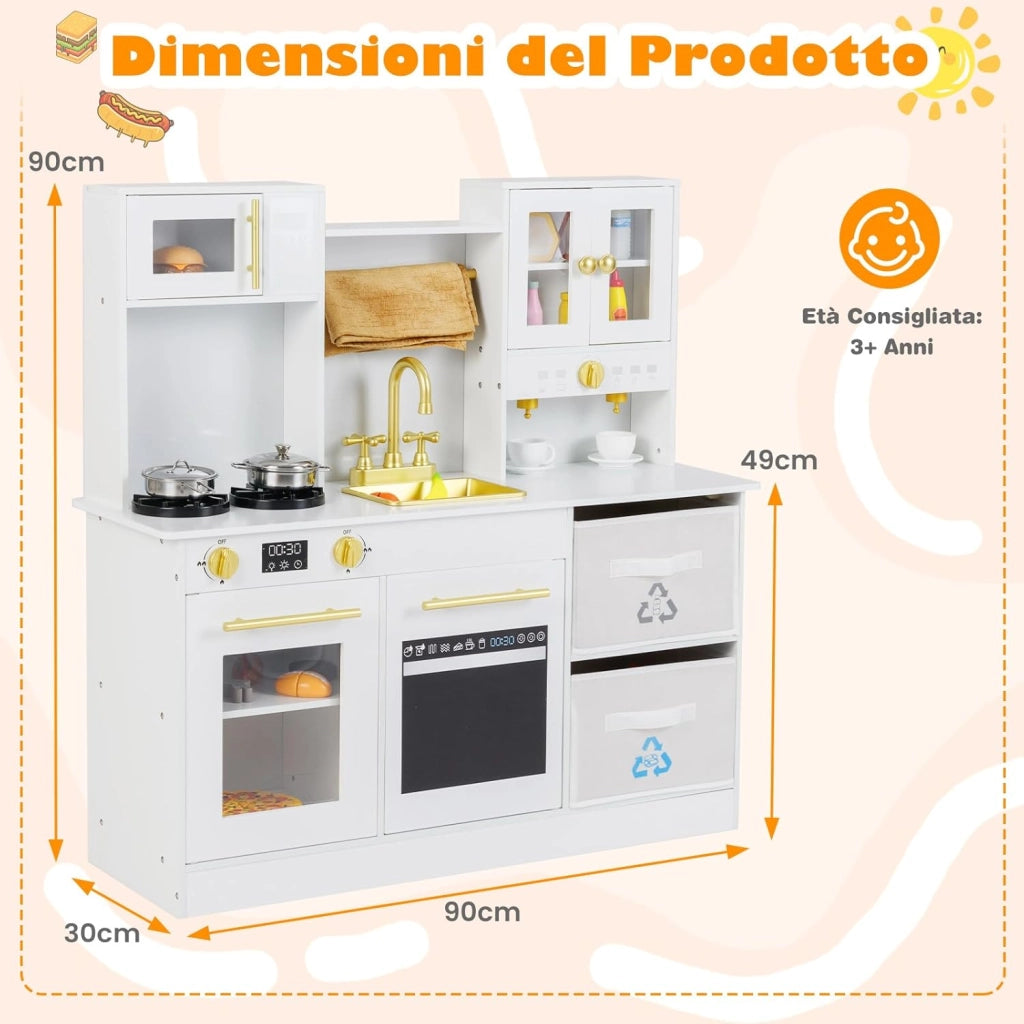 Cucina Giocattolo per Bambini, Cucinetta in Legno con Fornelli con Suoni e Luci, Macchina da Caffè, Microonde, Rubinetto, Lavello e Accessori, per Bambini 3+ Anni (Bianco)