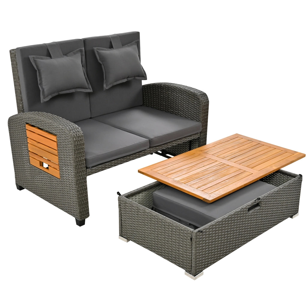 Set Lounge da Giardino 2 Posti con Poggiapiedi ¨C MINIMAL ¨C Rattan Grigio, Schienale Regolabile
