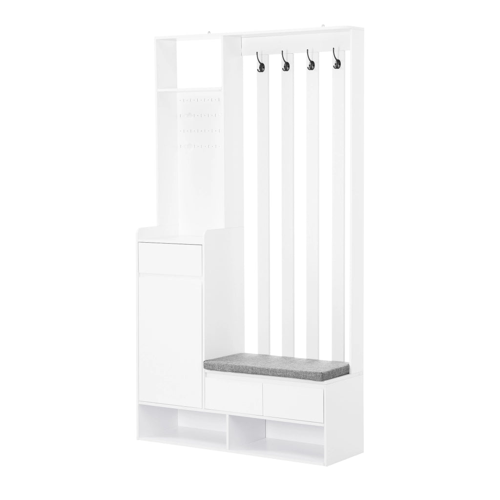 Mobile Ingresso con Panca Imbottita; Pannello Forato; 1 Anta; 1 Cassetto e 4 Ganci; in MDF; Bianco; 100??35??180 cm