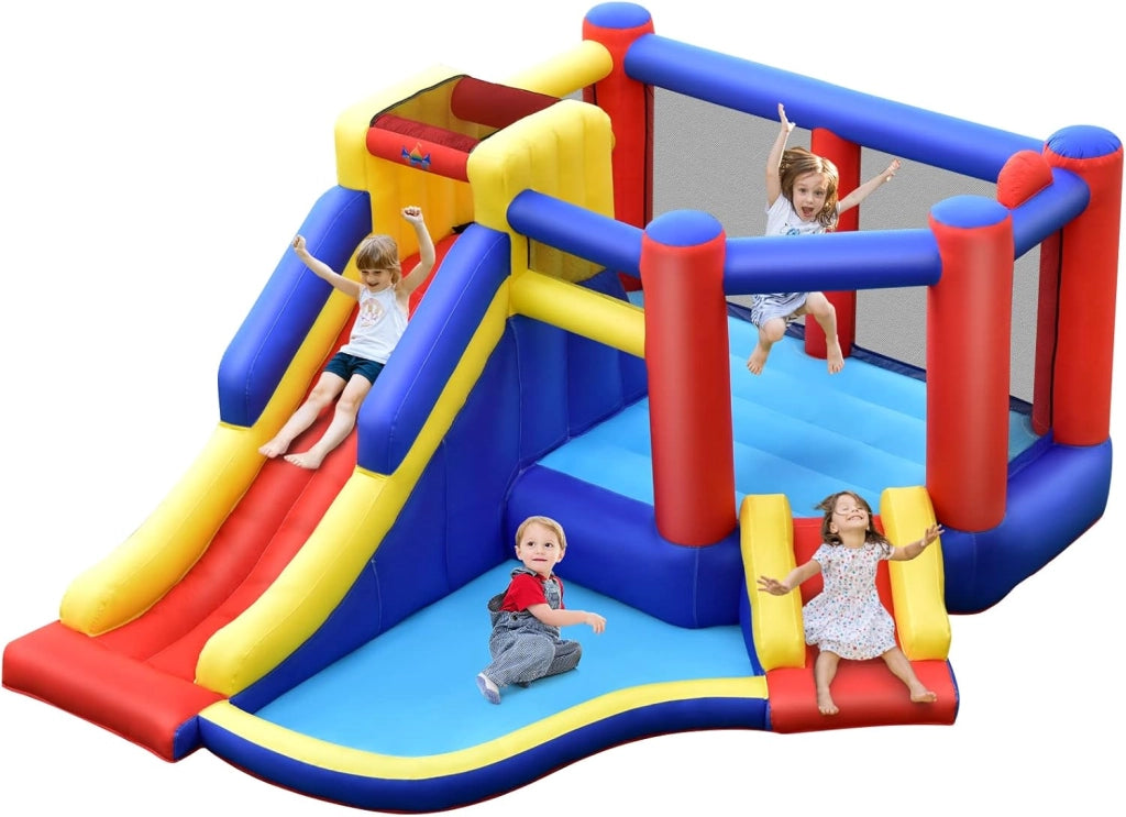 Castello Gonfiabile per Bambini, Casa Gonfiabile con Scivolo, Area per Saltare, Piscina, Parete per Arrampicarsi, con Borsa di Trasporto e Kit di Riparazione, per 4 Bambini di 3-10 Anni