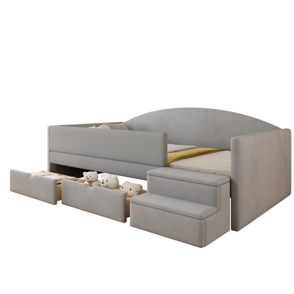 Letto per bambini 90 × 190 cm con 2 cassetti, sponde di sicurezza et gradini, senza materasso, velluto grigio chiaro