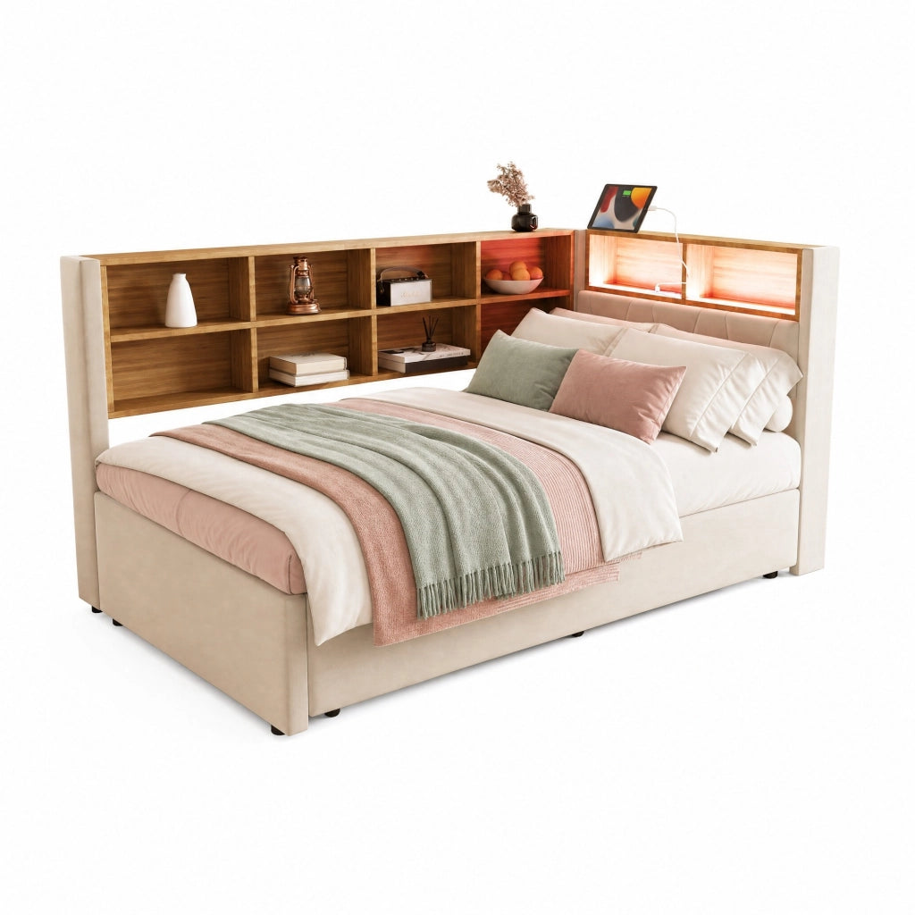 Divano letto multifunzione con letto estraibile, LED, prese e ampio spazio contenitivo