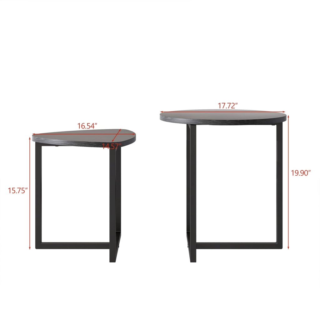 Tavolini bassi set 2 pezzi con piano a forma di cuore, stile industriale, per soggiorno, in metallo e legno nero