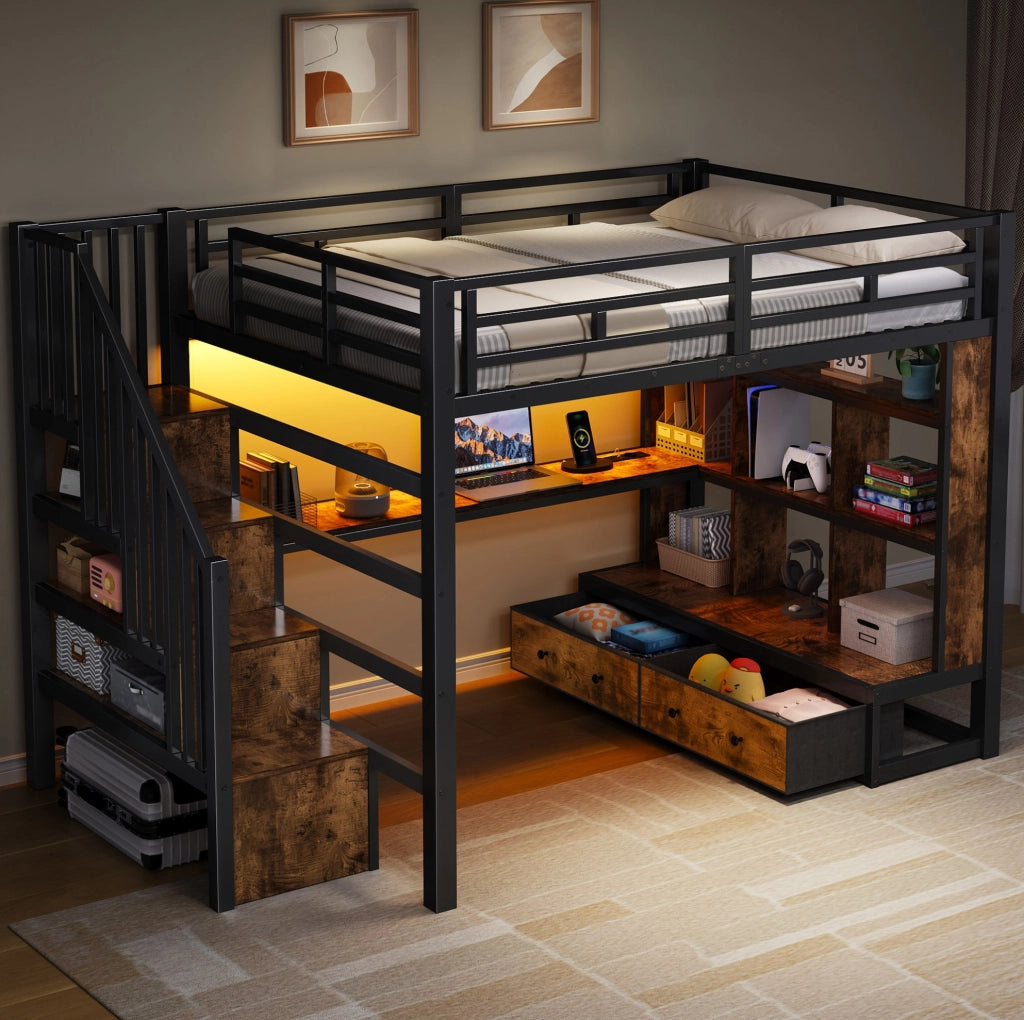 Letto a soppalco 140x200 cm in MDF e metallo con scrivania; scaffali; cassetti e LED nero