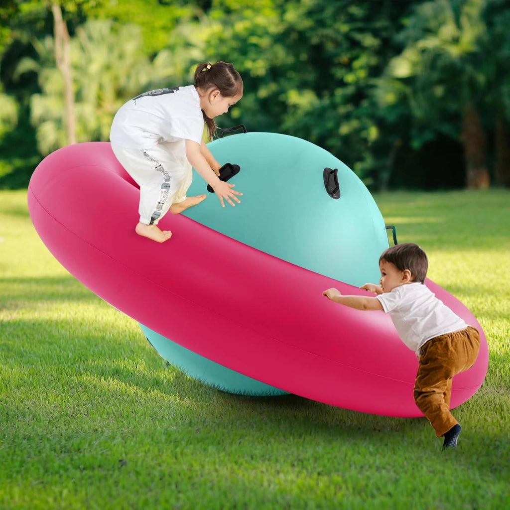 Giostra Gonfiabile a Pianeta per Bambini da 223CM per Inclinare, Arrampicarsi e Saltare con 6 Maniglie Incorporate, Giocattolo Spaziale per Esterno per Bambini dai 5 Anni+ (Rosa+Verde)