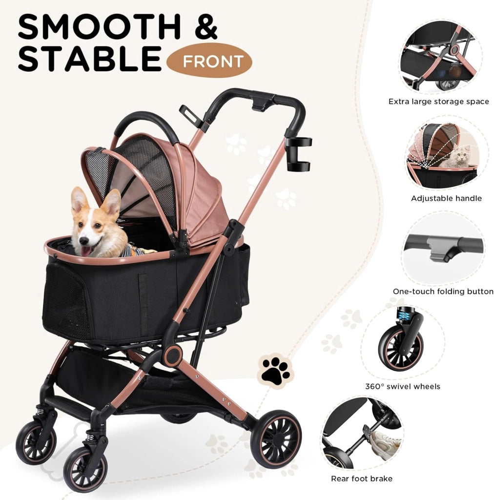 Passeggino per cani pieghevole fino a 25 kg, ruota anteriore in EVA girevole a 360°, 4 in 1, carrello pieghevole per gatti con tenda da sole regolabile a 180° e portabevande, Oro rosa