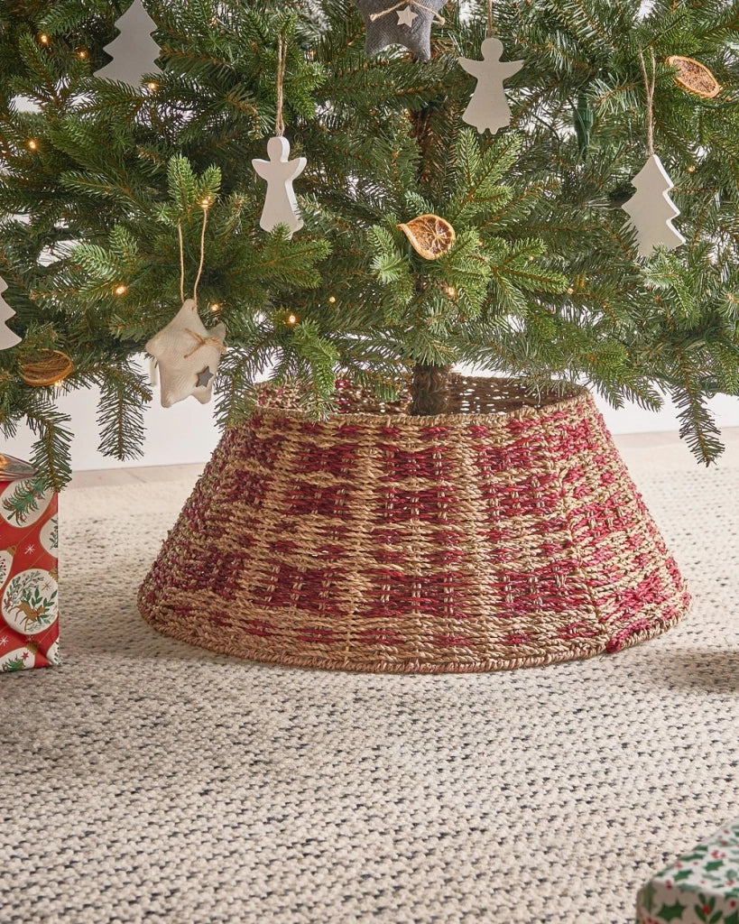 CopriBase dell'albero di Natale in alghe naturali con accessori tondi rossi ⌀ 52 cm fatti a mano