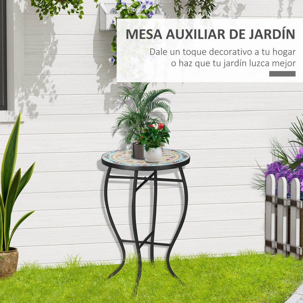 Tavolino da giardino rotondo con mosaico e gambe in metallo ¨C Zephmum ¨C 35,5x35,5x53,5 cm Turchese