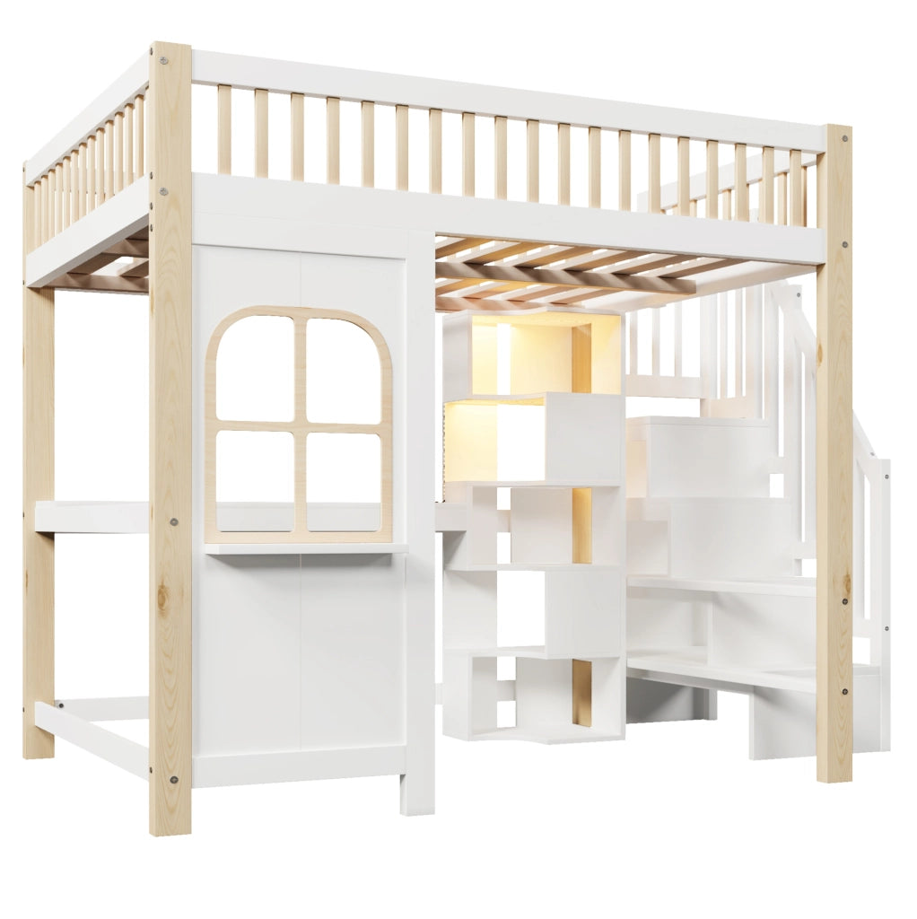 Letto a soppalco 140x200 cm con LED; scrivania e vano portaoggetti; bianco e naturale