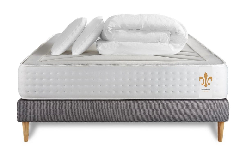 Pacchetto letto completo - Materasso 140x200cm + Box spring con doghe (kit) + 2 cuscini + Piumone - Vingt-Quatre