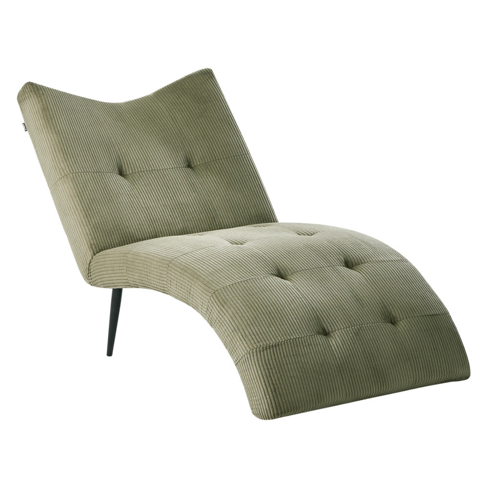 Chaise longue con rivestimento in velluto a coste verde trapuntatura a bottoni, senza braccioli, design moderno per soggiorno