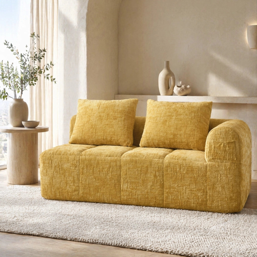 Divano chaise lounge a 2 posti in chenille giallo con tasche laterali e cuscino, 158×90×60 cm
