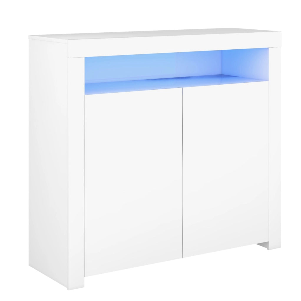 Credenza ULEVR 108x40x92 cm bianca con 2 ante, vani aperti, LED multicolore e porta USB