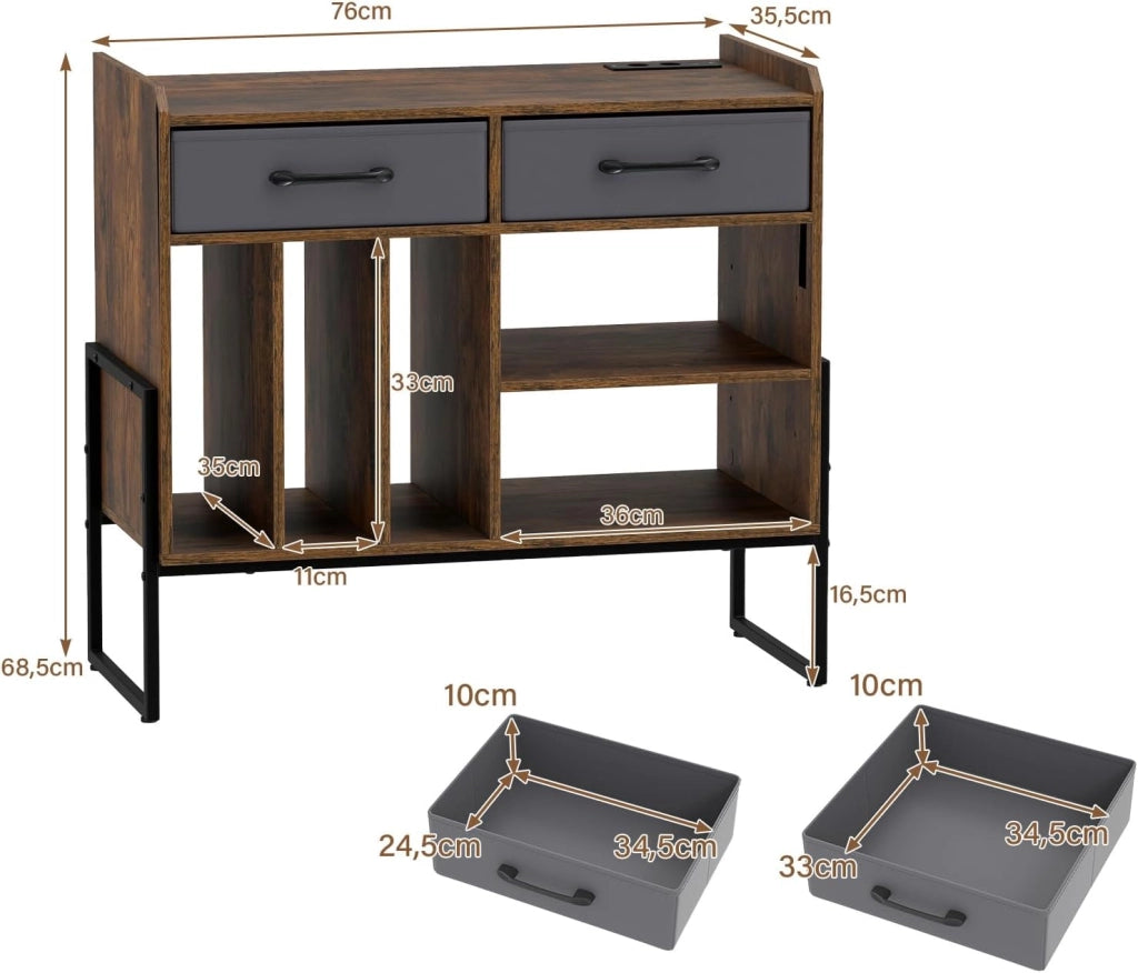 Supporto per giradischi con multipresa, mobile in vinile con 3 scomparti, ripiano regolabile e 2 cassetti rimovibili, mobile giradisco, per salom, sala multimediale, 76 x 36 x 69 cm