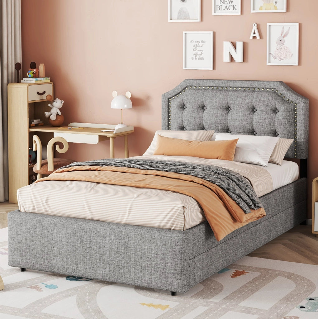 LETTO imbottito 90x200 cm Grigio con 2 cassetti