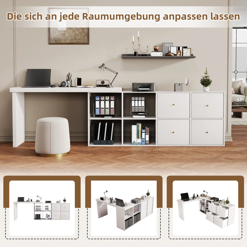 SCRIVANIA girevole 360° L 120x48x78 cm MDF bianco con 8 scomparti
