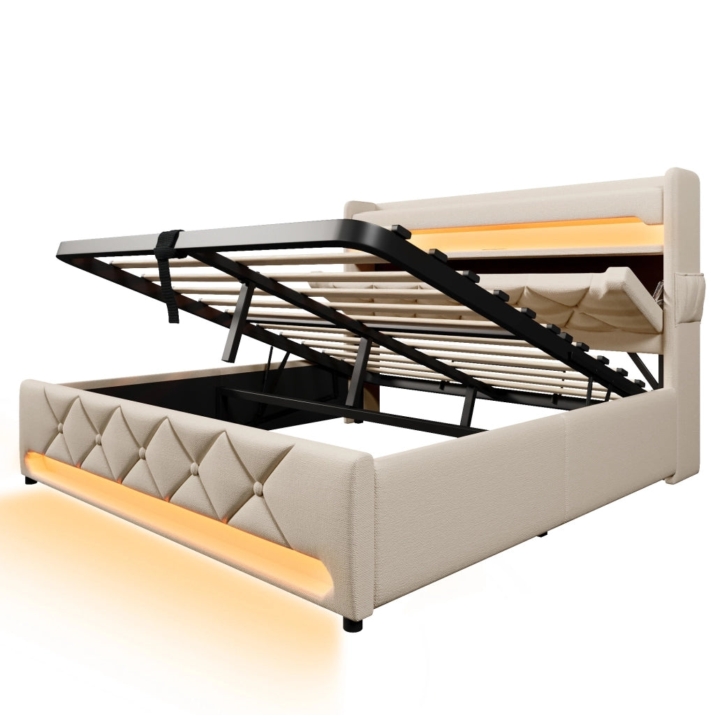Letti contenitori 140x190 cm; testiera con ricarica e LED; lino beige (Senza materasso)