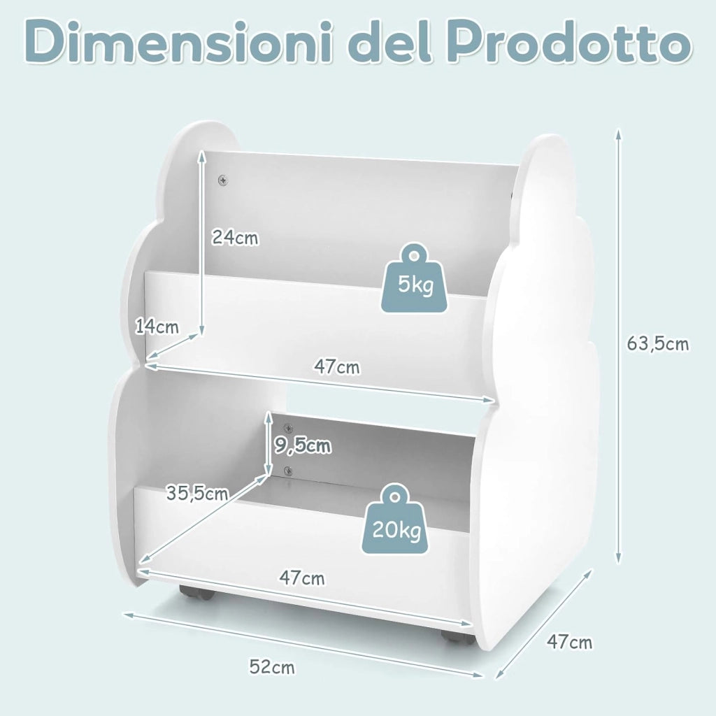 Libreria Montessoriana Doppio Lato per Bambini con Ruote, Scaffale Portaoggetti Multifunzione a 2 Livelli con Angoli Arrotondati, Libreria Bassa per Cameretta e Asilo, 52x47x63,5 cm, Bianco