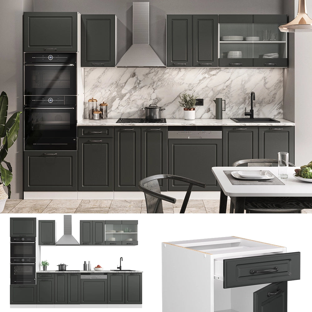 Vicco Cucina componibile Antracite casa di campagna/bianco 300 cm con armadio alto, PL Rovere