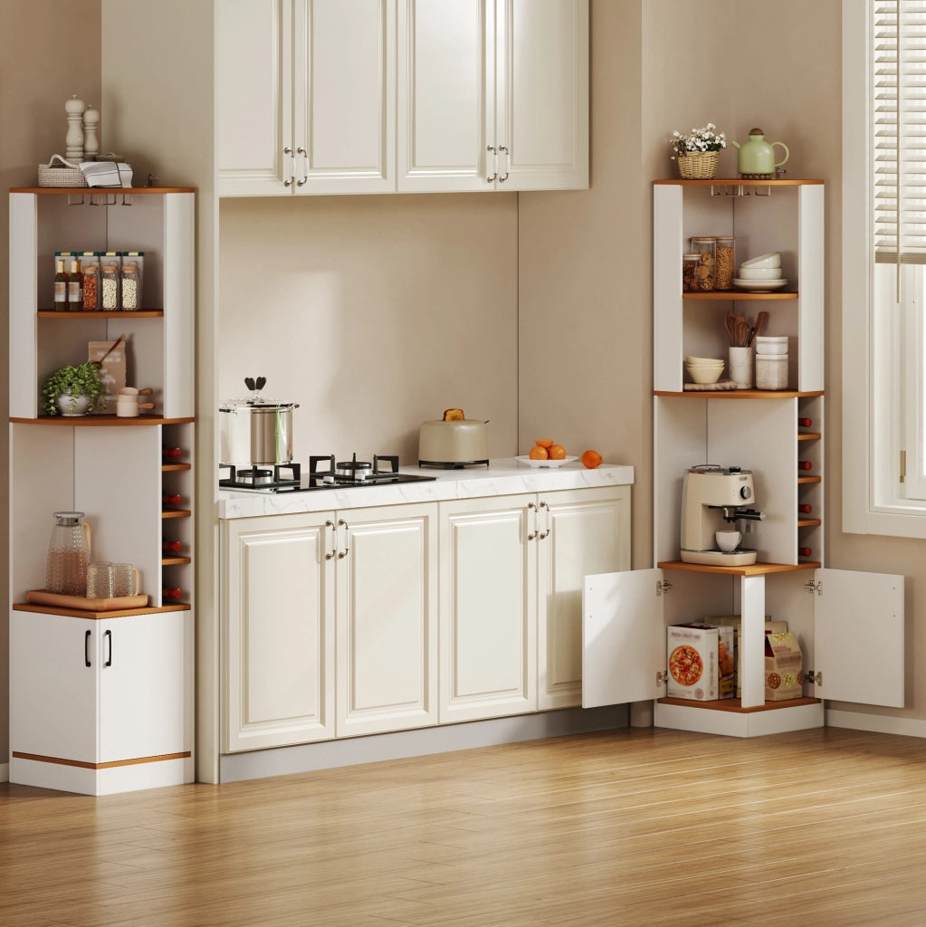 Mobile angolare portabottiglie con portacalici; 40×40×182 cm; MDF bianco