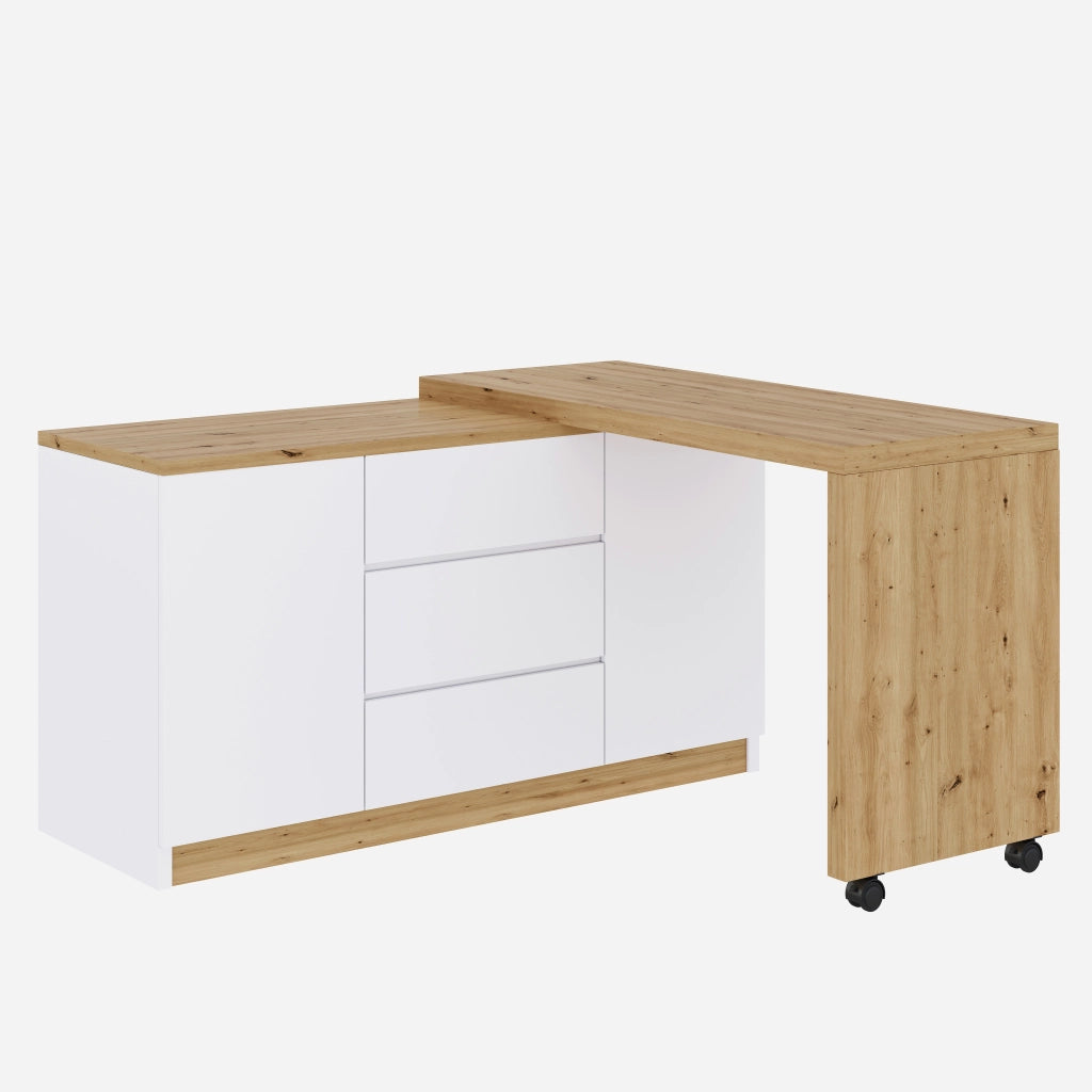 SCRIVANIA pieghevole girevole 120x50x76,5 cm Bianco/Quercia con rotelle