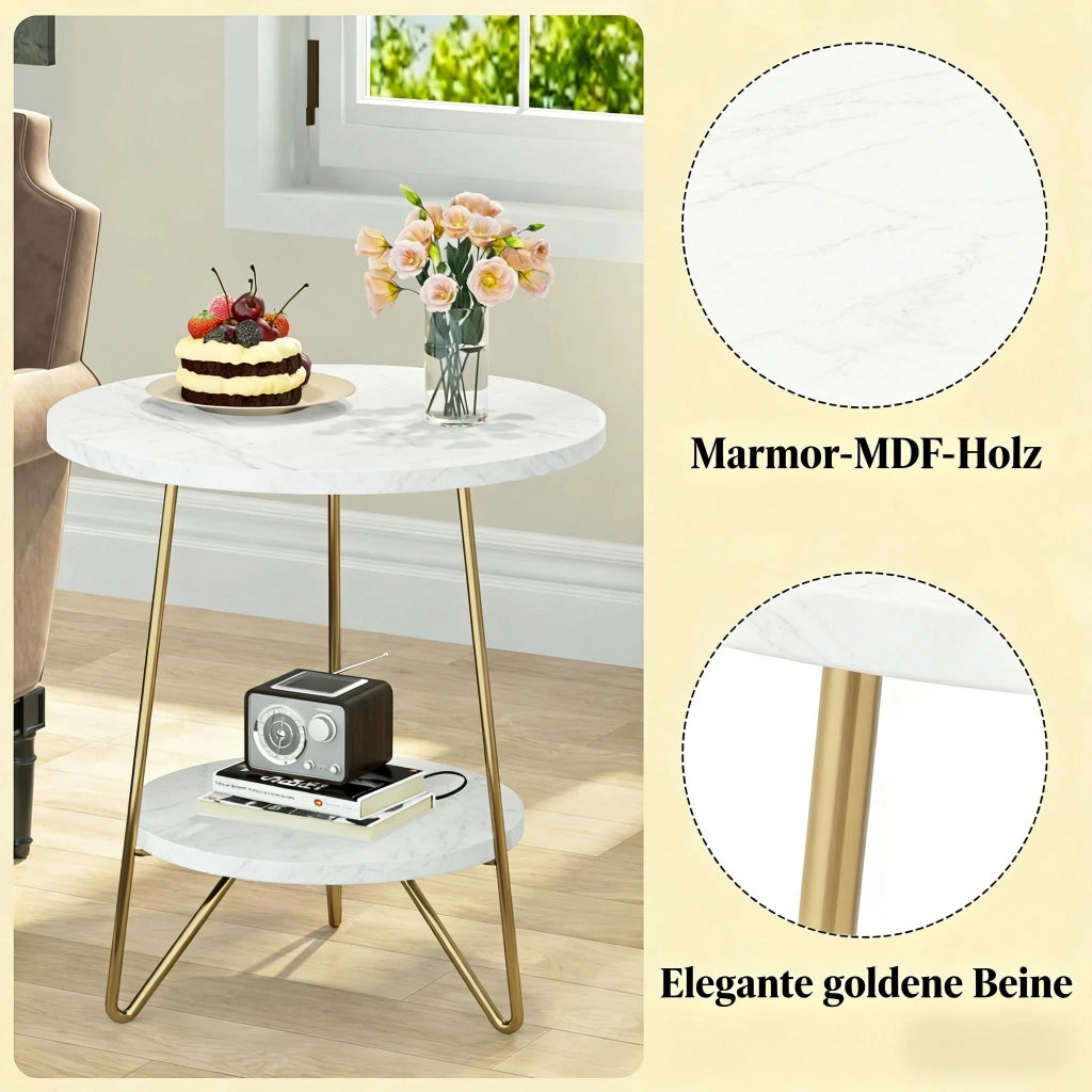 Tavolino basso con 2 ripiani in effetto marmo e gambe in metallo, per soggiorno, bianco oro, 47 × 47 × 55 cm