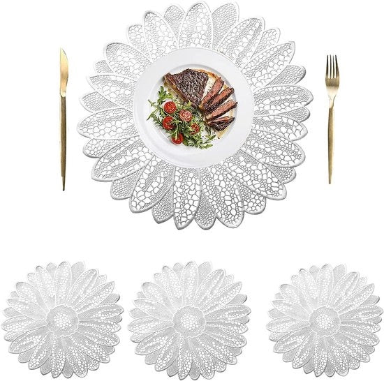 Pacchetto da 4 placemati in vinile rotondi da 38 cm - Antiscivolo, Lavabile - Decorazione per Matrimoni - Decorazione per Tavola da Pranzo e Cucina - Argento