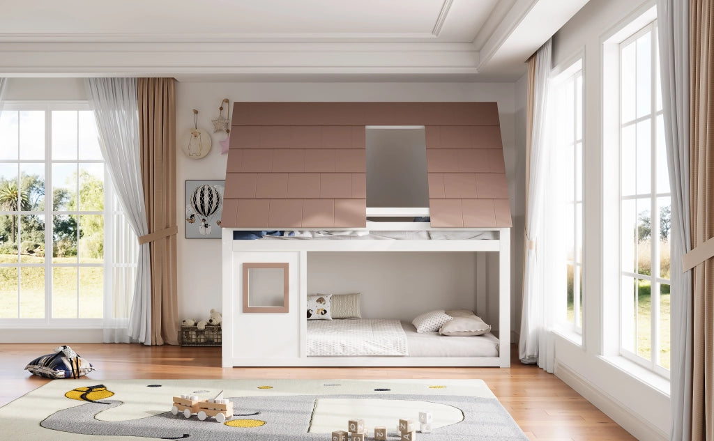 DESMIU Letto a castello 140 × 200 cm 2 posti con tetto, scala e sponda, senza materasso, bianco e marrone